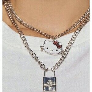 Hello Kitty layered Necklace silver lock kitty face with bow 18-inch chain heavy